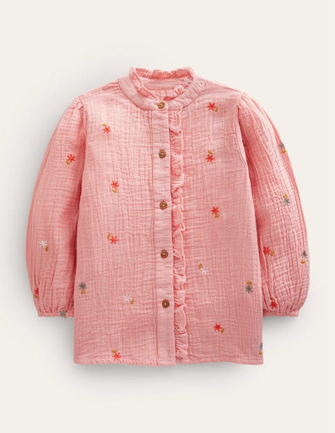 Boden Kids' Double Cloth Embroidered Top Dusty Pink Floral Girls