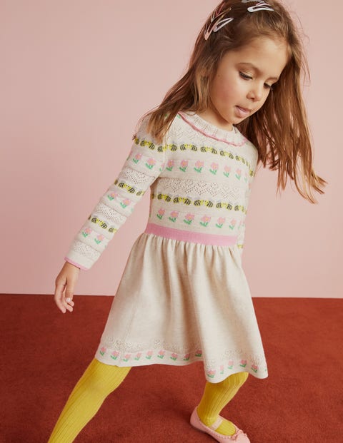 Flower Pointelle Knit Dress Ecru Marl Boden AU