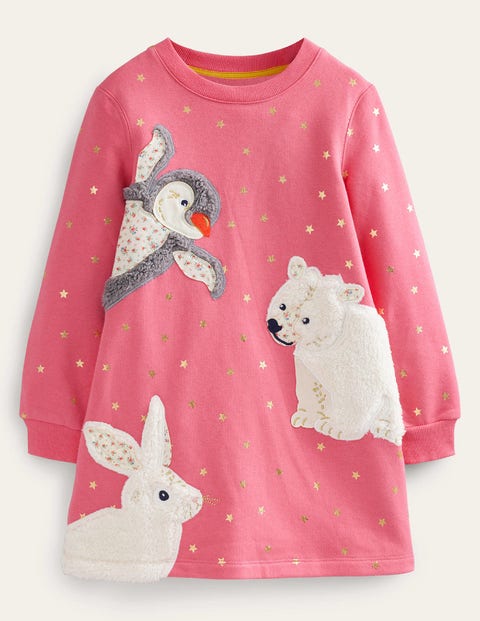 Mini Boden Kids' Cosy Applique Sweatshirt Dress Blush Pink Arctic Animals Girls Boden