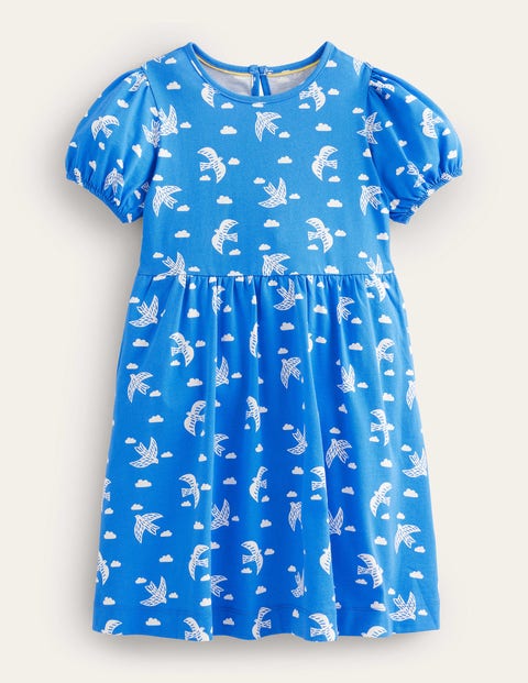 Puff Sleeve Jersey Dress - Cabana Blue Birds | Boden UK