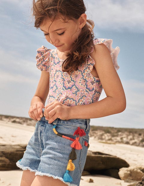 Badeanzug mit Flatterärmeln - Lila/Pfirsichsorbet, Paisleymuster | Boden AT