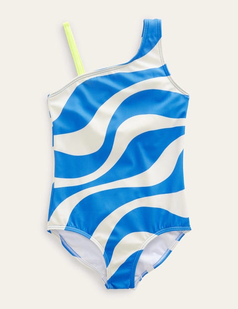 Mini Boden Kids' One Shoulder Swimsuit Ivory And Cabana Blue Wave Girls Boden