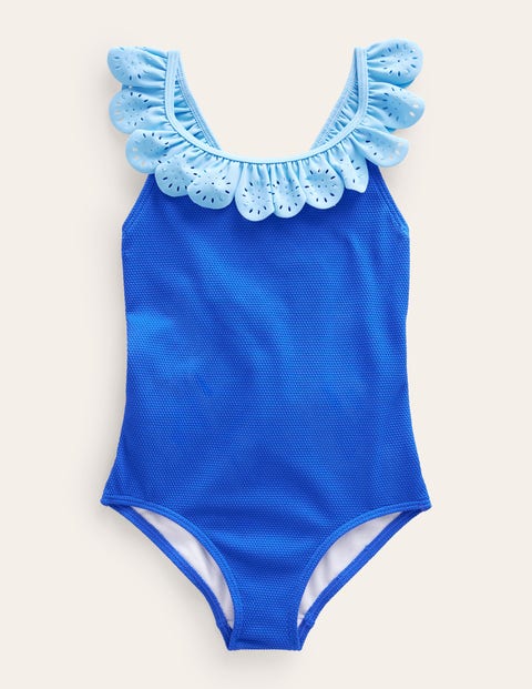 Broderie Frill Swimsuit Blue Girls Boden