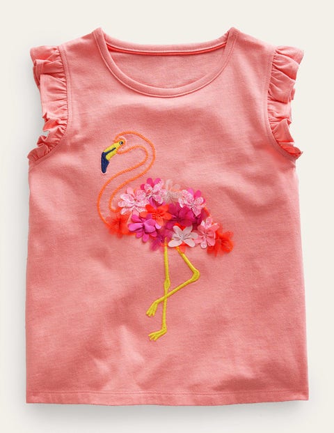 Boden Kids' Embroidered Flutter Top Peach Sorbet Flamingo Girls