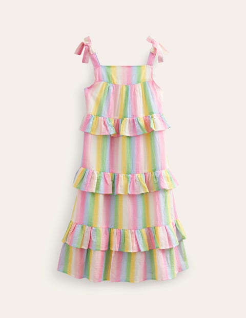 Mini Boden Kids' Tiered Ruffle Maxi Dress Rainbow Gradient Stripe Girls Boden