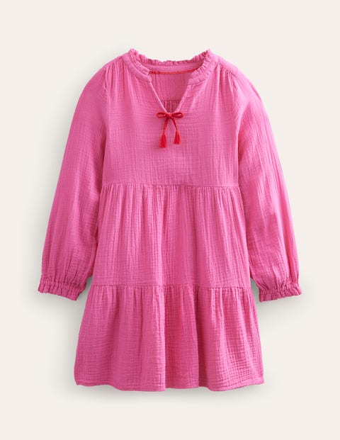 Double Cloth Tiered Dress Pink Girls Boden