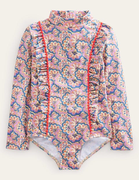 Long Sleeve Trim Swimsuit Lupin and Peach Sorbet Paisley