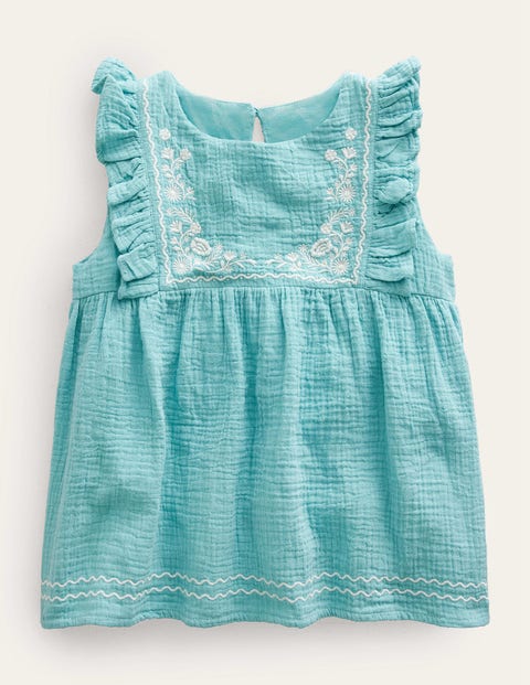 Embroidered Double Cloth Top Blue Girls Boden