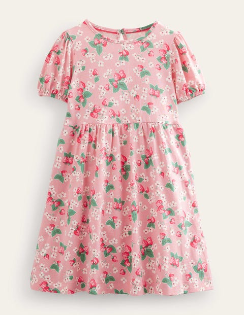 Boden Kids' Puff Sleeve Dress Almond Pink Strawberries Girls