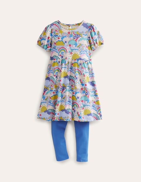 Bunt Wettermotive und Blau, Set aus Puffärmelkleid und Leggings, Mädchen, Boden, Bunt Wettermotive und Blau