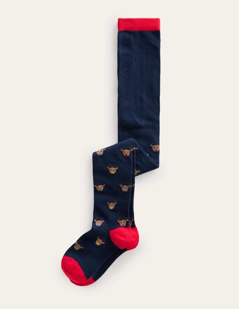 Mini Boden Kids' Patterned Tights Navy Reindeer Girls Boden