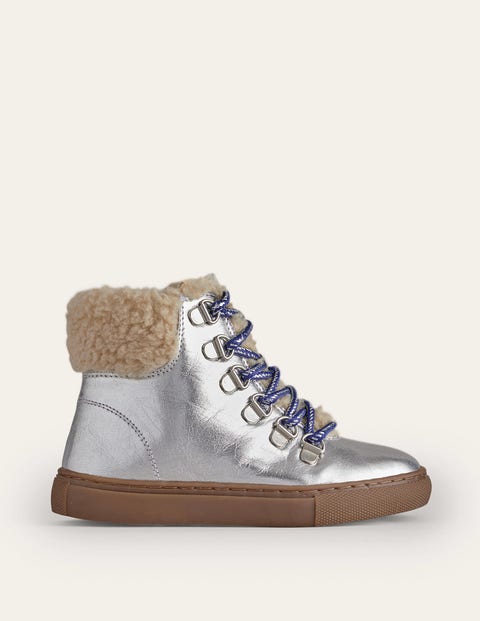 Boden Kids' Cosy Leather Lace Up Boots Silver Metallic Girls