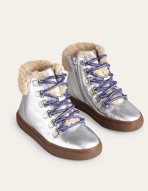 Cosy Leather Lace Up Boots - Silver Metallic | Boden US