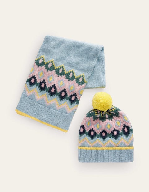 Fair Isle Hat and Scarf Set Blue Girls Boden