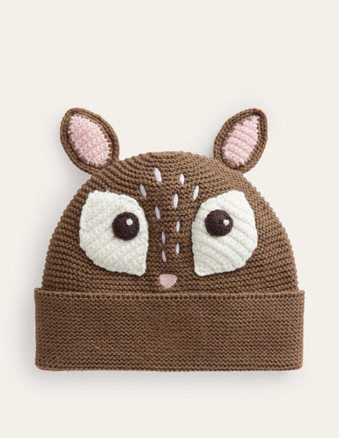 Boden Kids' Novelty Knitted Beanie Brown Deer Girls