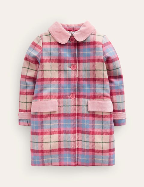 Wonderful Wool Blend Coat Pastel Pink / Blue Check Girls Boden, Pastel Pink / Blue Check