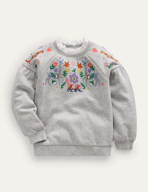 Grau Meliert Tiere, Besticktes Sweatshirt, Mädchen, Boden, Grau Meliert Tiere