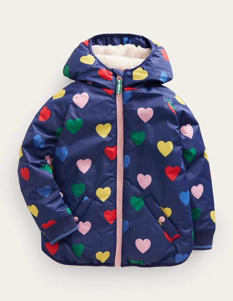Mini Boden Kids' Printed Sherpa Lined Anorak Navy Hearts Girls Boden
