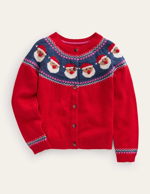 Mini Boden Kids' Fun Fair Isle Cardigan Red Father Christmas Girls Boden