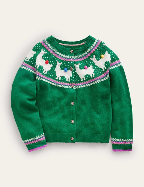 Mini Boden Kids' Fun Fair Isle Cardigan Deep Green Llama Girls Boden