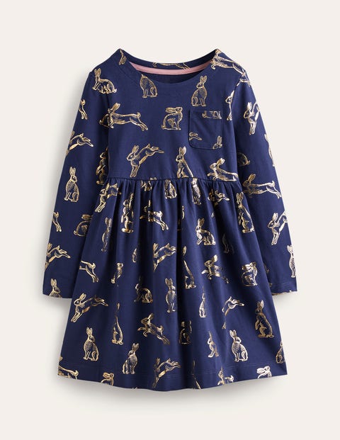 Long Sleeve Fun Jersey Dress Navy Girls Boden