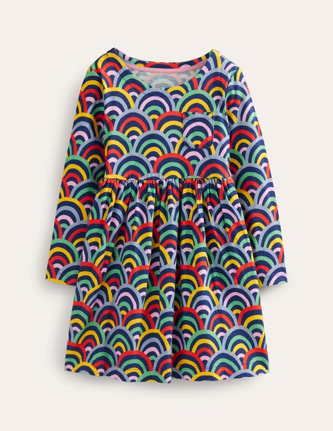 Mini Boden Kids' Long Sleeve Fun Jersey Dress Medieval Blue Rainbow Girls Boden