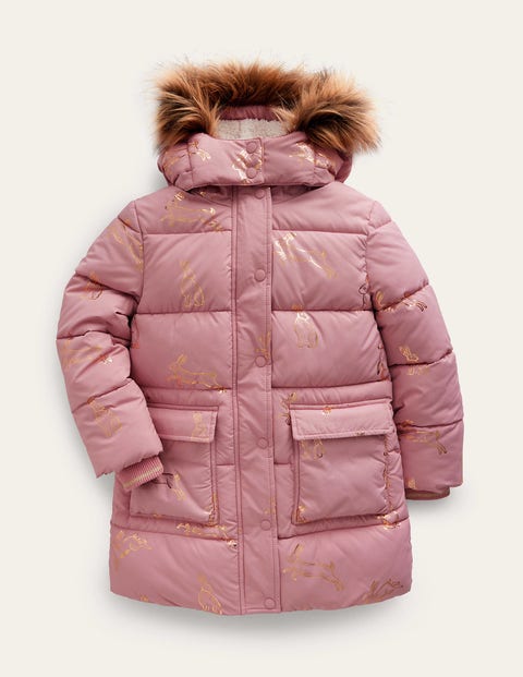 Longline Padded Coat Almond Pink Foil Bunnies Girls Boden, Almond Pink Foil Bunnies