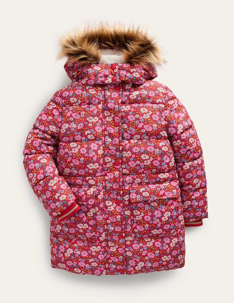 Longline Padded Coat Brilliant Red Flowerbed Girls Boden, Brilliant Red Flowerbed