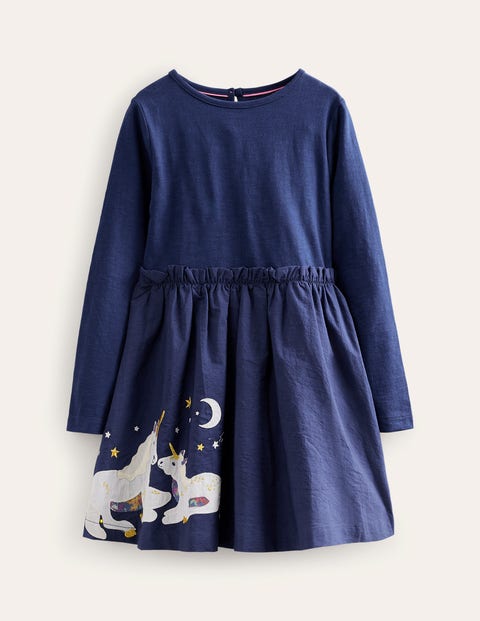 Jersey Woven Applique Dress Navy Girls Boden