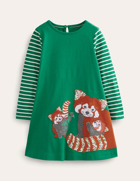 Mini Boden Kids' Big Appliqué Dress Deep Green Red Pandas Girls Boden
