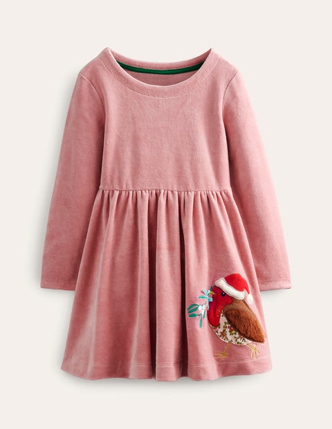 Twirly Velour Applique Dress Pink Girls Boden