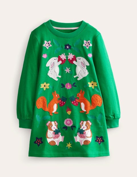 Mini Boden Kids' Cosy Applique Sweatshirt Dress Deep Green Woodland Girls Boden