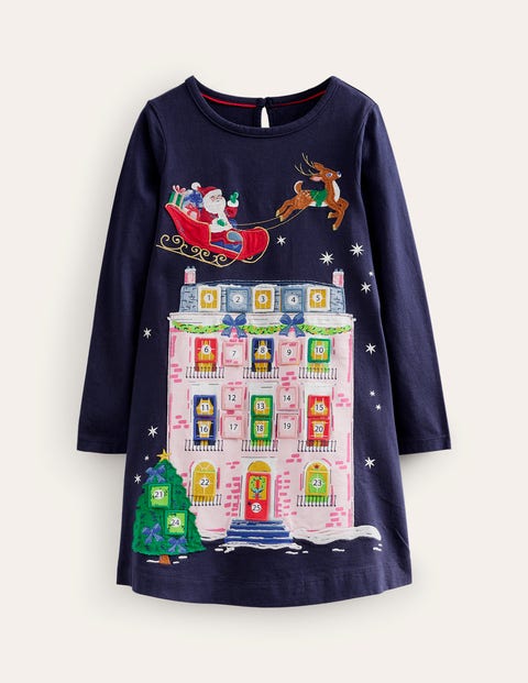 Mini Boden Kids' Advent Calendar Appliqué Dress French Navy Girls Boden