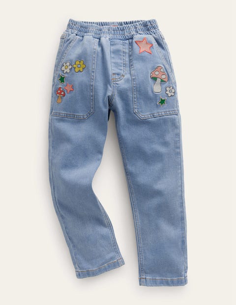 Embroidered Pull-on Jean - Light Vintage Denim