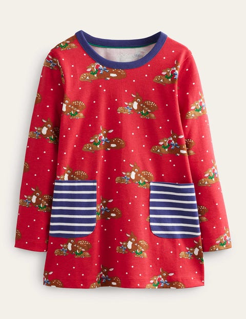 Mini Boden Kids' Printed Tunic Rockabilly Red Festive Deer Girls Boden