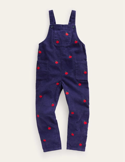 Mini Boden Kids' Relaxed Cord Dungarees College Navy Apple Embroidery Girls Boden