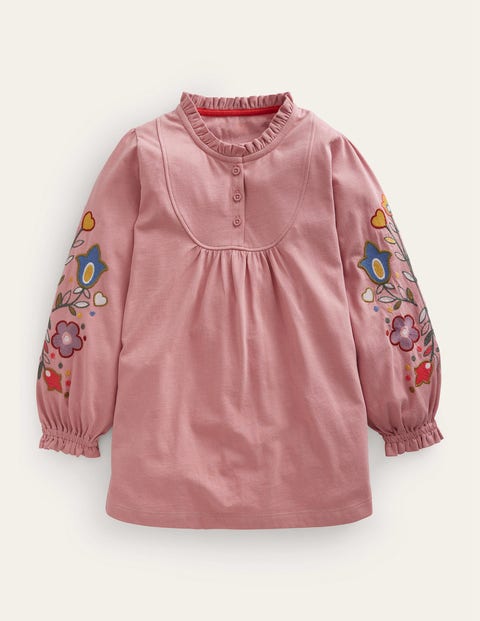 Mini Boden Kids' Embroidered Sleeve Tunic Almond Pink Floral Girls Boden