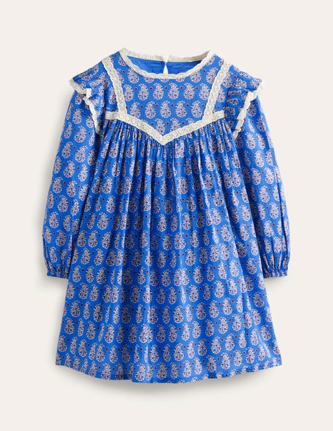 Lace Trim Printed Dress Blue Girls Boden