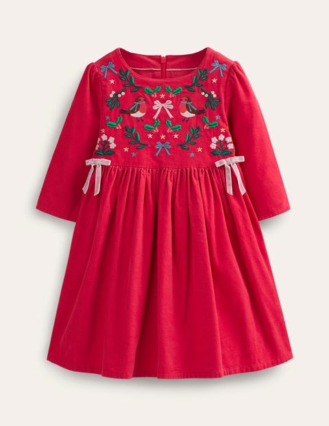 Mini Boden Kids' Embroidered Cord Dress Pop Peony Festive Girls Boden
