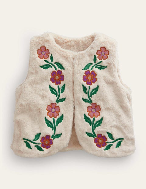 Mini Boden Kids' Reversible Faux Fur Gilet Natural Ivory Floral Girls Boden