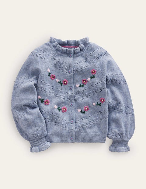Embroidered Frill Cardigan Blue Girls Boden