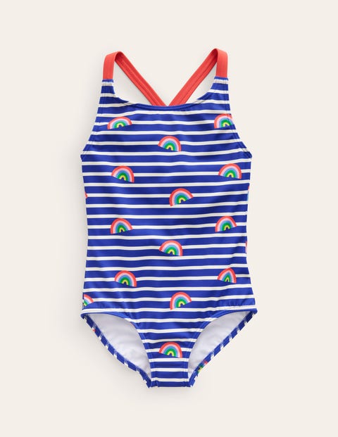Mini Boden Kids' Cross-back Printed Swimsuit Sapphire Blue Breton Rainbows Girls Boden In Gold