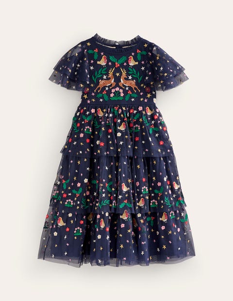 Tulle Embroidered Party Dress Blue Girls Boden