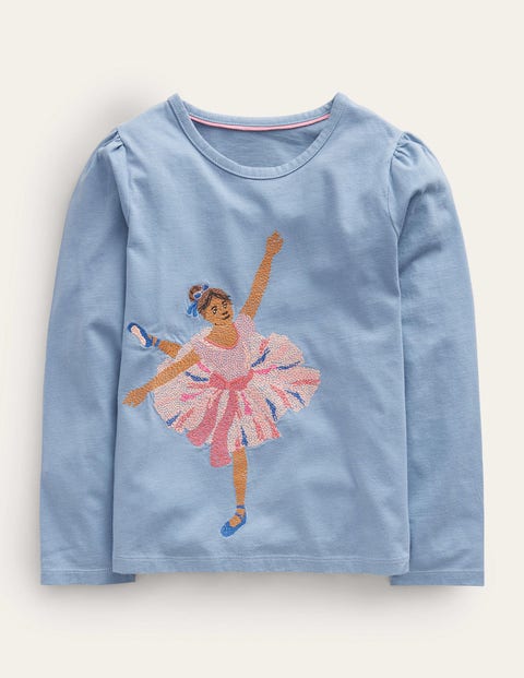 Mini Boden Kids' Appliqué Puff-sleeve Top Pebble Blue Ballerina Girls Boden