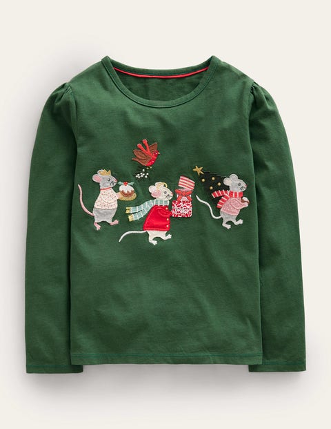 MINI BODEN APPLIQUÉ PUFF-SLEEVE TOP AMAZON GREEN FESTIVE MICE GIRLS BODEN