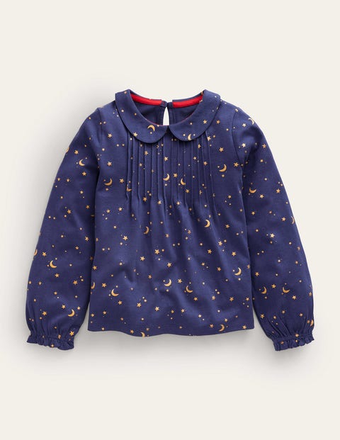 Mini Boden Kids' Collared Jersey Top College Navy Twinkly Star Girls Boden