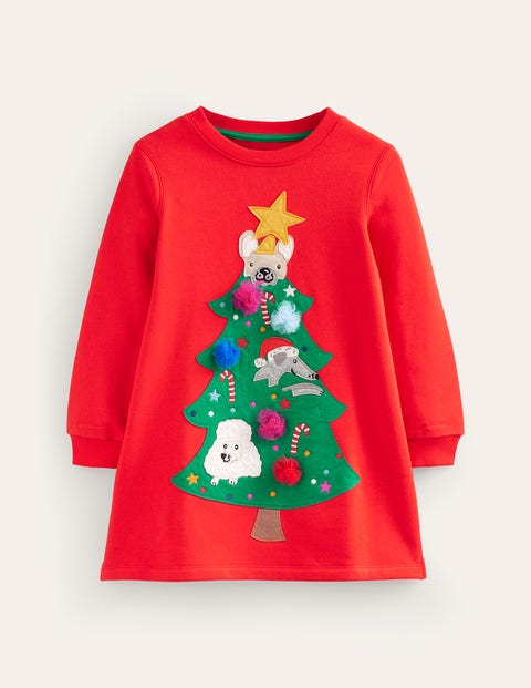 Mini Boden Kids' Cosy Applique Sweatshirt Dress Brilliant Red Christmas Tree Girls Boden