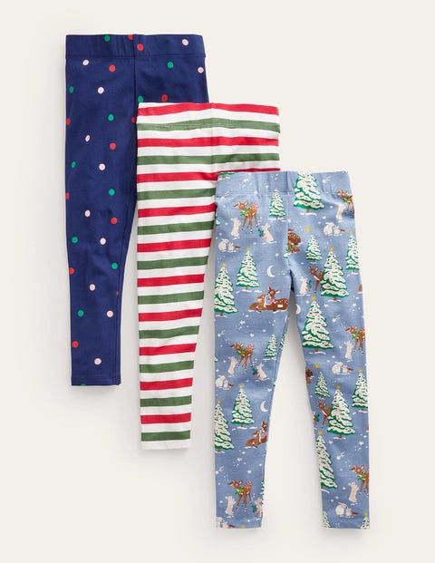 Mini Boden Kids' 3-pack Leggings Pebble Blue Festive Woodland Girls Boden