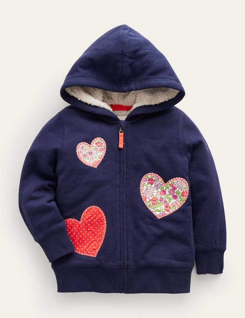 Mini Boden Kids' Applique Lined Hoodie French Navy Hearts Girls Boden