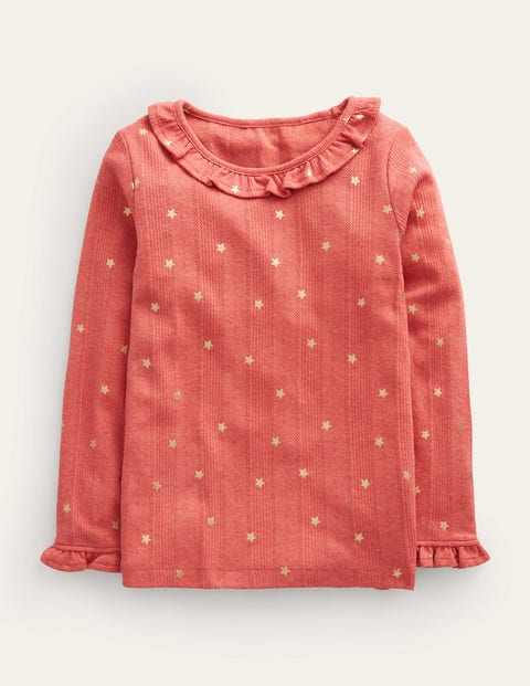 Mini Boden Kids' Ruffle Sparkle Pointelle Peppadew Gold Star Girls Boden